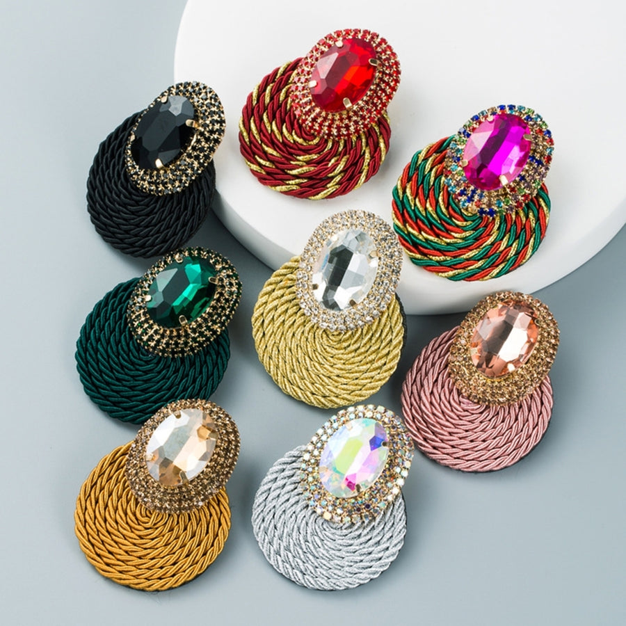 1 Pair Dangle Earrings Colorful Rhinestone Hand Knitted Jewelry Shiny Geometric Round Stud Earrings for Dating Image 1