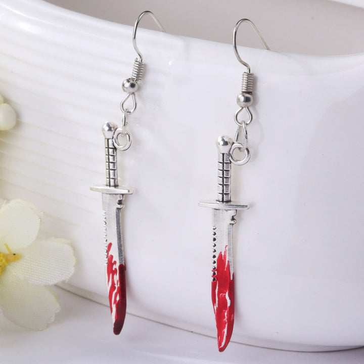 1 Pair Dangle Earrings Horrible Blood Scissors Jewelry Bloodstained Sword Axe Saw Hook Earrings for Halloween Image 10