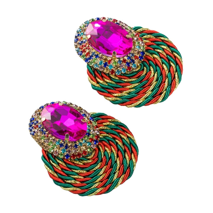 1 Pair Dangle Earrings Colorful Rhinestone Hand Knitted Jewelry Shiny Geometric Round Stud Earrings for Dating Image 1