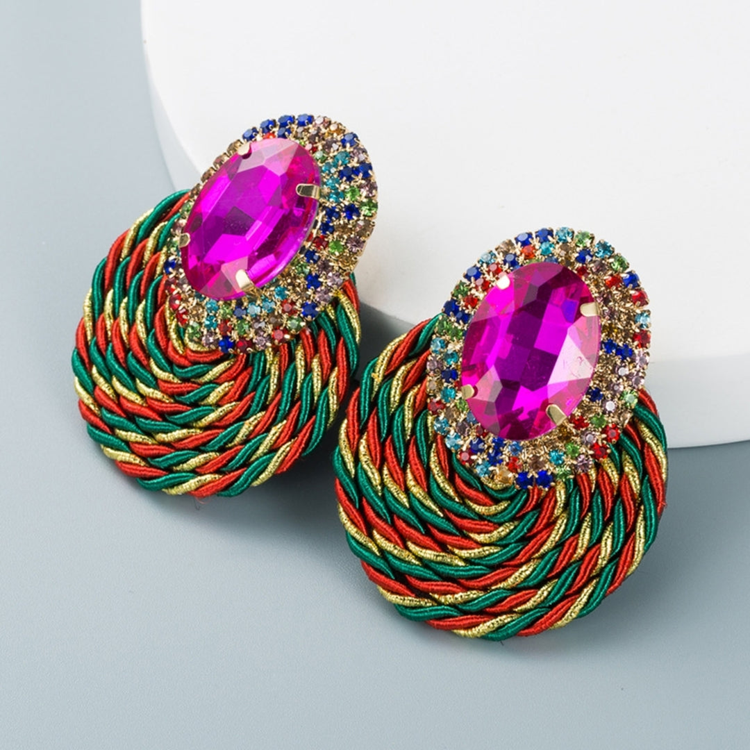 1 Pair Dangle Earrings Colorful Rhinestone Hand Knitted Jewelry Shiny Geometric Round Stud Earrings for Dating Image 10
