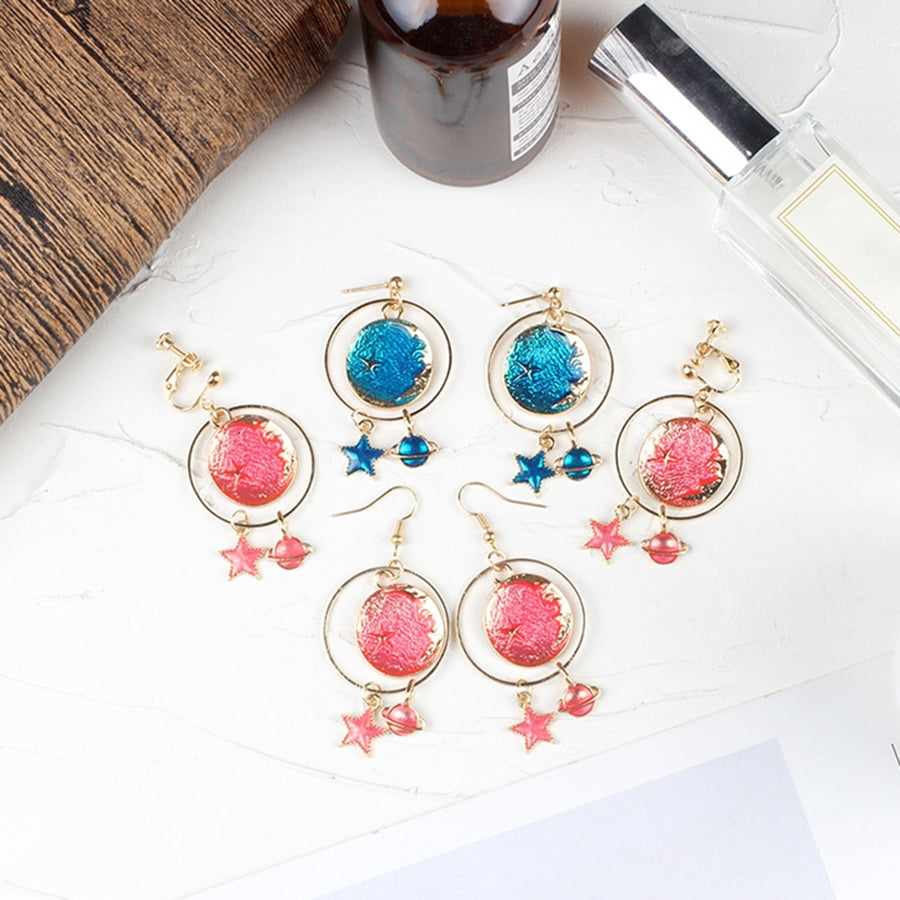 1 Pair Girls Drop Earrings Cartoon Planet Star Exquisite Jewelry Exquisite All Match Clip Earrings for Daily Wear Image 1