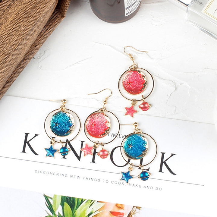 1 Pair Girls Drop Earrings Cartoon Planet Star Exquisite Jewelry Exquisite All Match Clip Earrings for Daily Wear Image 2