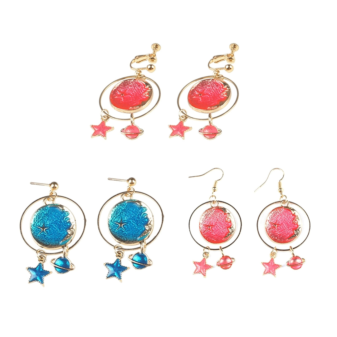 1 Pair Girls Drop Earrings Cartoon Planet Star Exquisite Jewelry Exquisite All Match Clip Earrings for Daily Wear Image 12