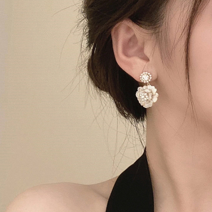 1 Pair Dangle Earrings Eye-catching Corrosion Resistant Alloy Shiny Camellia Shaped Earrings for Travel Image 4
