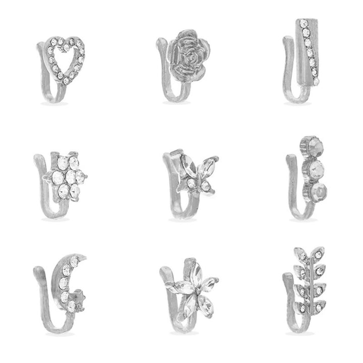 9Pcs Ear Bone Studs Flower Shape Rhinestone Jewelry Moon Non Pierced Nose Rings for Party Image 1