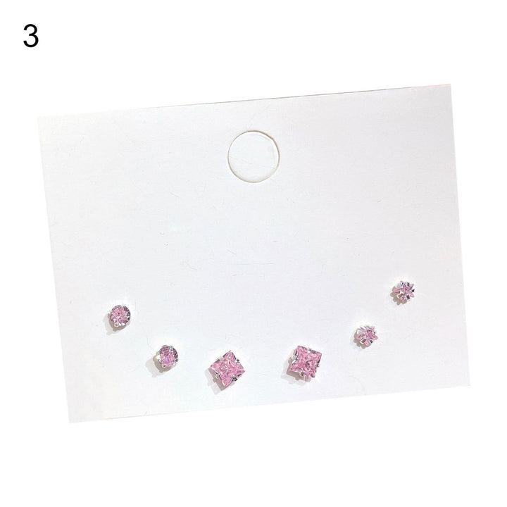 3 Pairs Women Earrings Twinkling Cubic Zirconia Alloy Geometric Round Ear Studs for Holiday Image 4