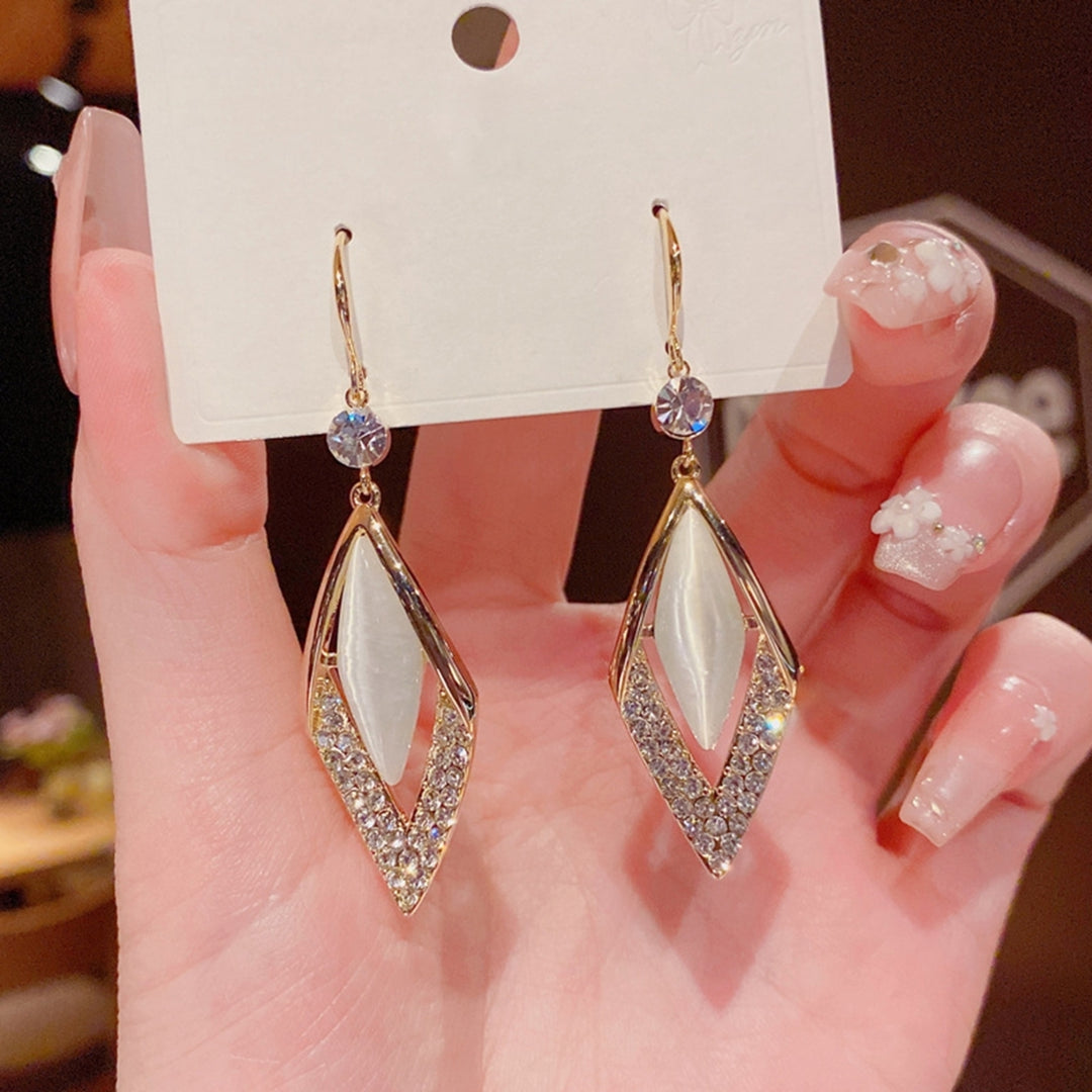 1 Pair Rhinestone Shiny Drop Earrings Alloy Faux Opal Rhombus Pendant Hook Earrings Party Jewelry Image 3
