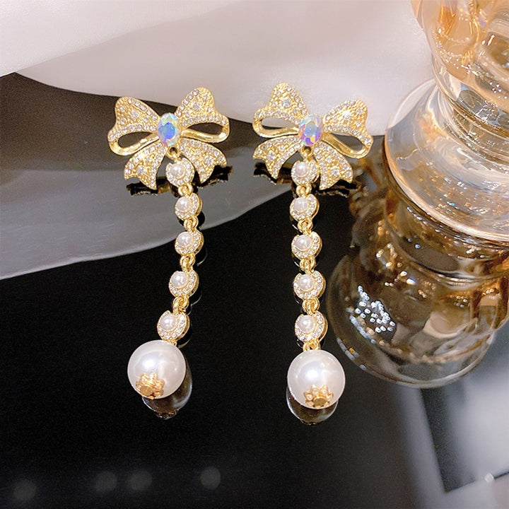 1 Pair Women Earrings Rhinestone Imitation Pearl Accessory Long Lady Drop Earrings for Party Image 1