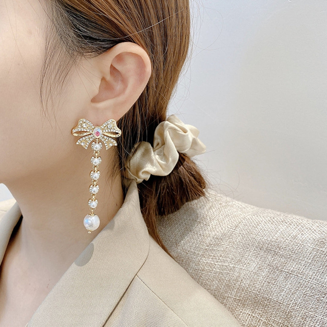 1 Pair Women Earrings Rhinestone Imitation Pearl Accessory Long Lady Drop Earrings for Party Image 3