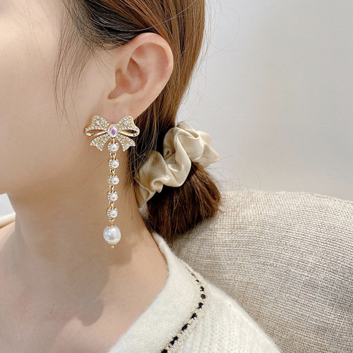 1 Pair Women Earrings Rhinestone Imitation Pearl Accessory Long Lady Drop Earrings for Party Image 4