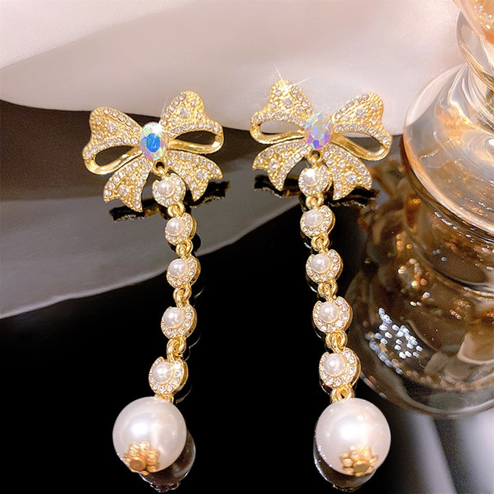 1 Pair Women Earrings Rhinestone Imitation Pearl Accessory Long Lady Drop Earrings for Party Image 6