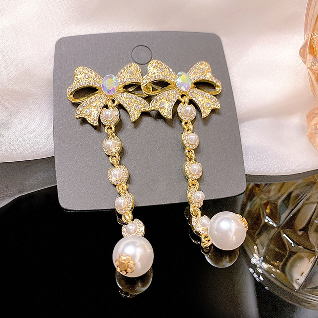 1 Pair Women Earrings Rhinestone Imitation Pearl Accessory Long Lady Drop Earrings for Party Image 7