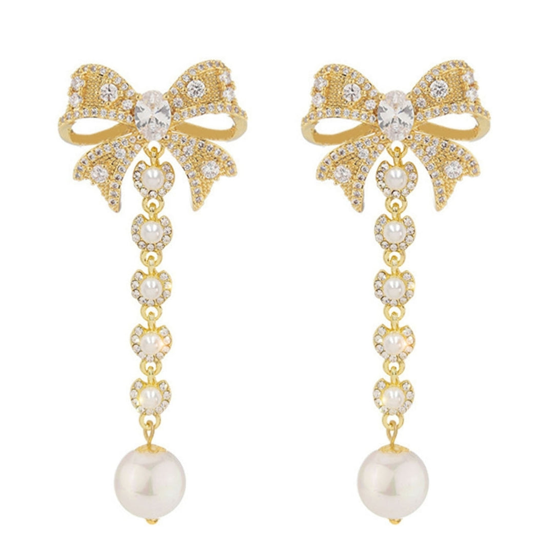 1 Pair Women Earrings Rhinestone Imitation Pearl Accessory Long Lady Drop Earrings for Party Image 10