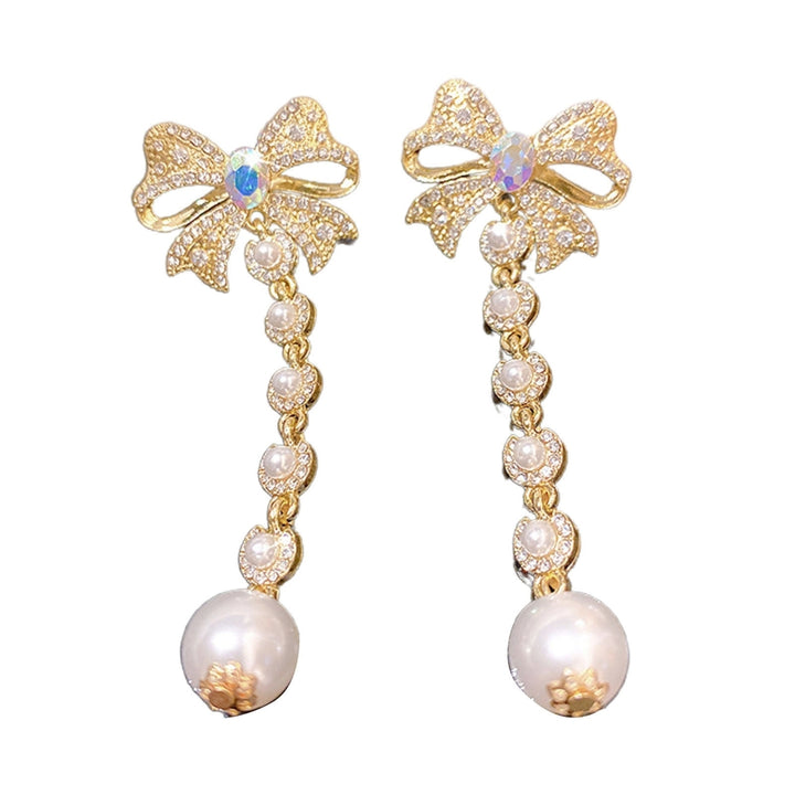 1 Pair Women Earrings Rhinestone Imitation Pearl Accessory Long Lady Drop Earrings for Party Image 11