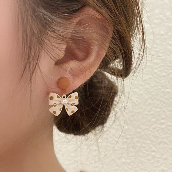 1 Pair Cute Elegant Alloy Women Earrings Faux Pearl Bow Knot Drop Earrings Jewelry Accessory Image 4