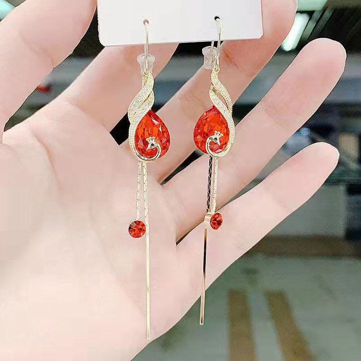 1 Pair Dangle Earrings Shiny Delicate Fashion Jewelry Peacock Shape Linear Earrings for Dating Image 2