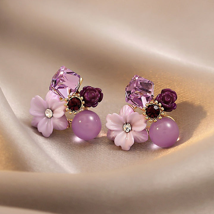 1 Pair Exquisite Charming Women Earrings Gift Rhinestone Purple Flower Stud Earrings Jewelry Accessory Image 1