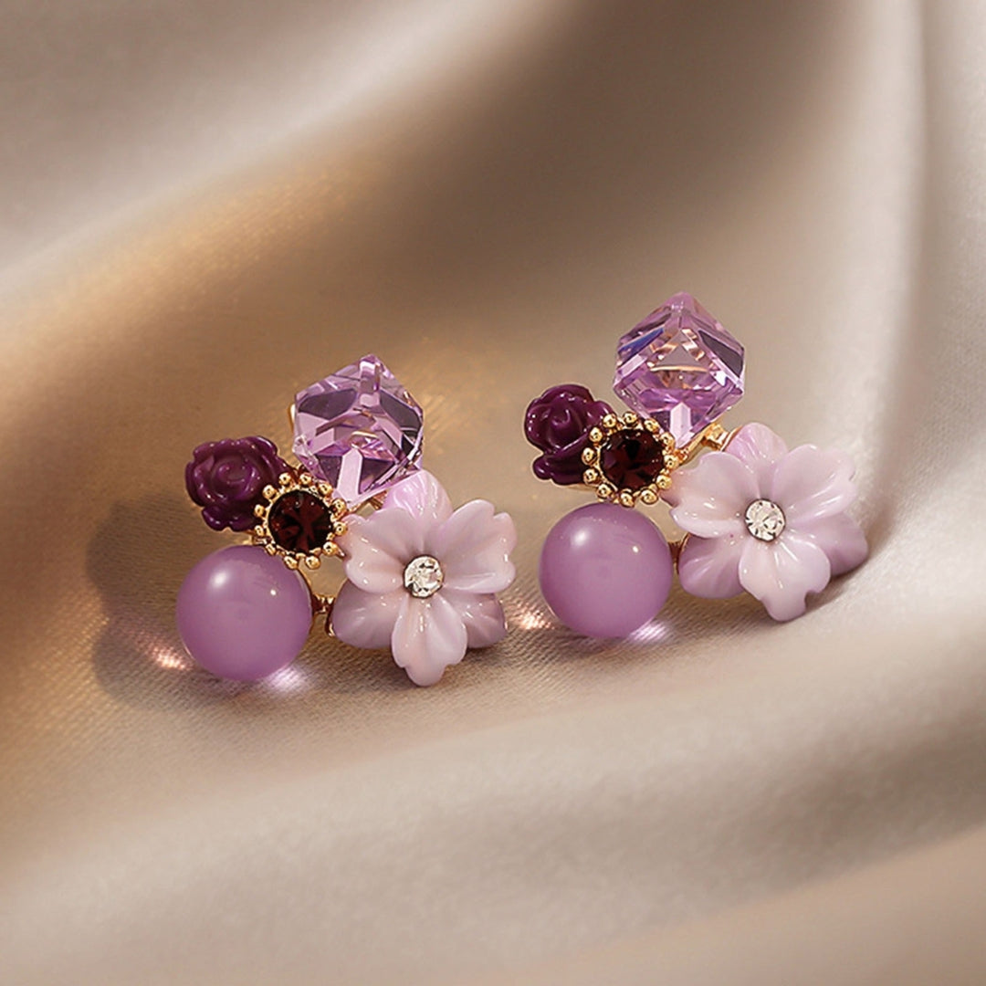 1 Pair Exquisite Charming Women Earrings Gift Rhinestone Purple Flower Stud Earrings Jewelry Accessory Image 2
