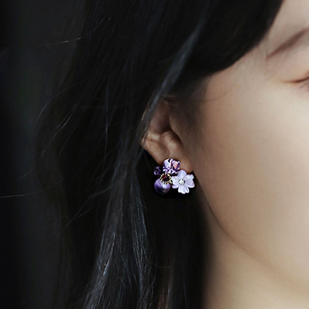1 Pair Exquisite Charming Women Earrings Gift Rhinestone Purple Flower Stud Earrings Jewelry Accessory Image 6