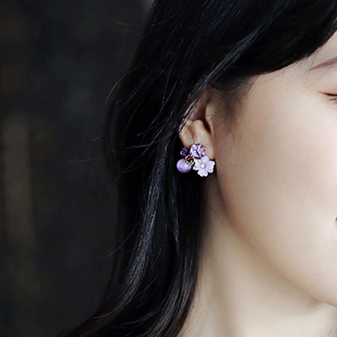 1 Pair Exquisite Charming Women Earrings Gift Rhinestone Purple Flower Stud Earrings Jewelry Accessory Image 7