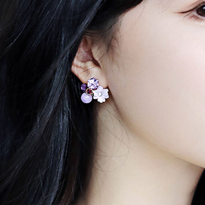 1 Pair Exquisite Charming Women Earrings Gift Rhinestone Purple Flower Stud Earrings Jewelry Accessory Image 8