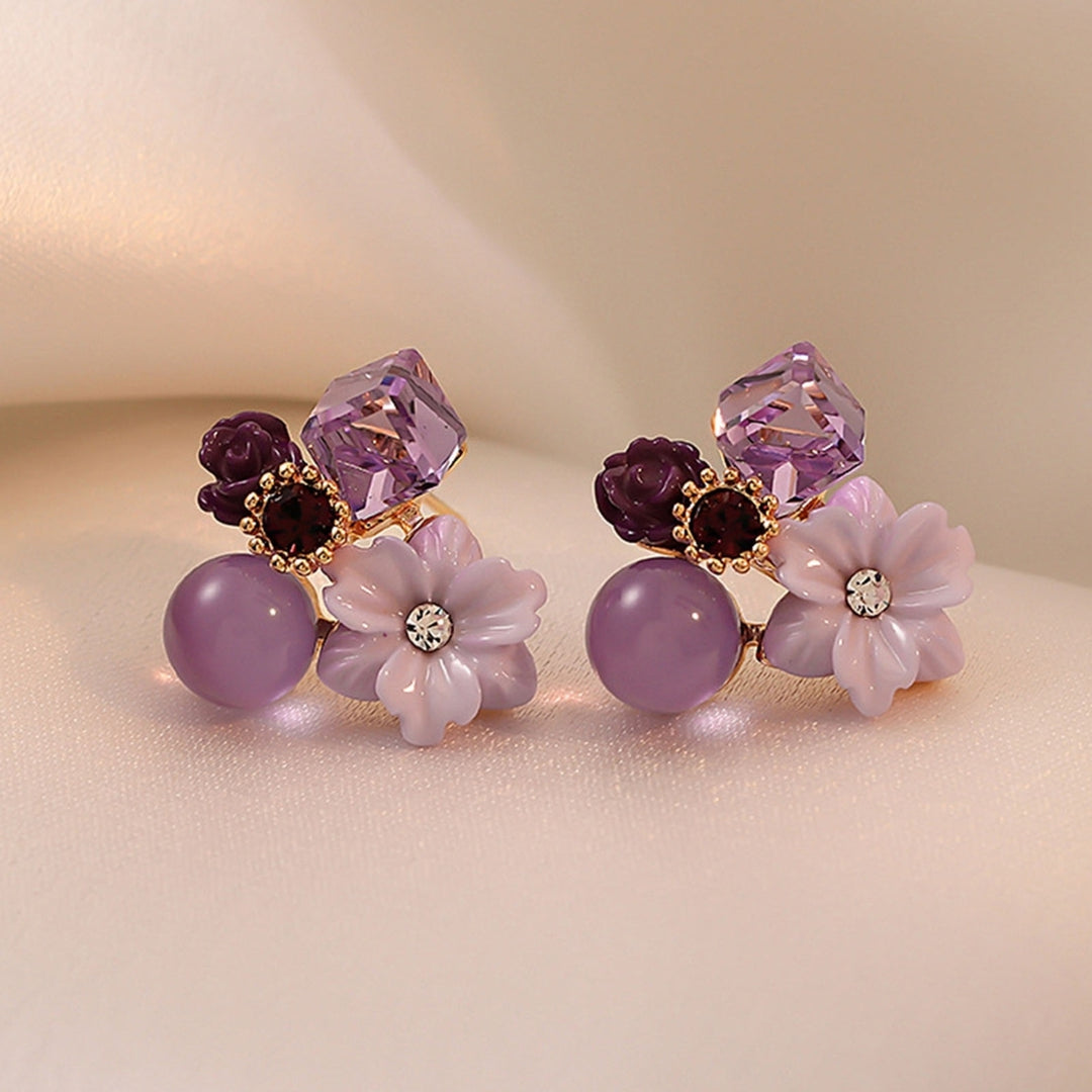 1 Pair Exquisite Charming Women Earrings Gift Rhinestone Purple Flower Stud Earrings Jewelry Accessory Image 12