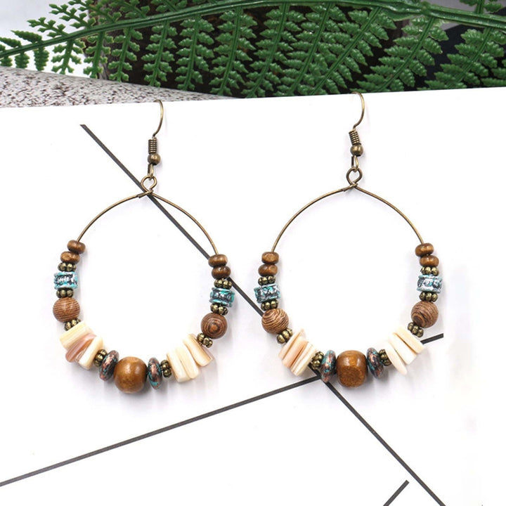 1 Pair Shell Exaggerated Retro Earrings Alloy Wood Beads Round Boho Earrings Fashion Jewelry Image 7