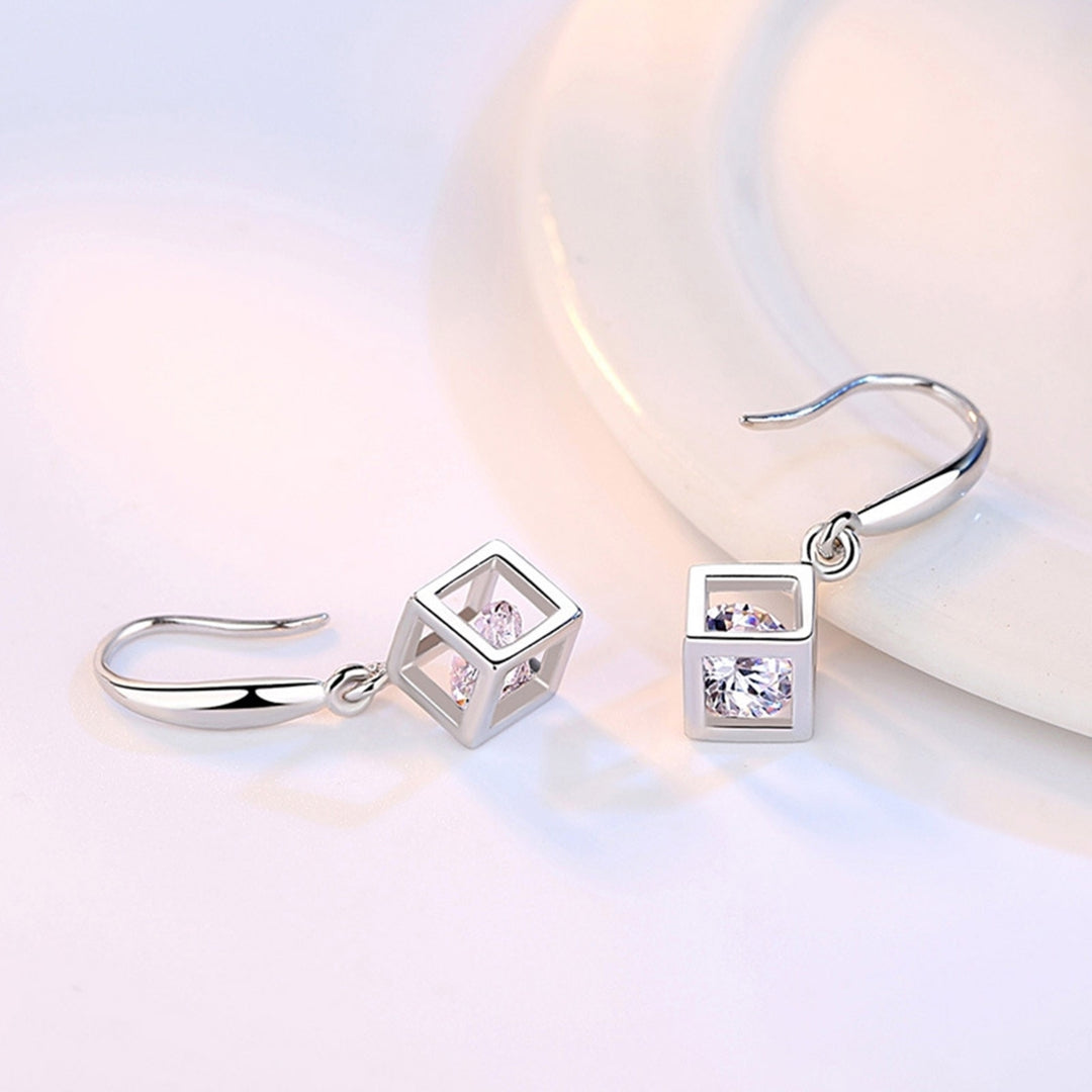 1 Pair Hook Earrings Square Pendant Rhinestone Jewelry Delicate Long Lasting Drop Earrings for Daily Wear Image 4