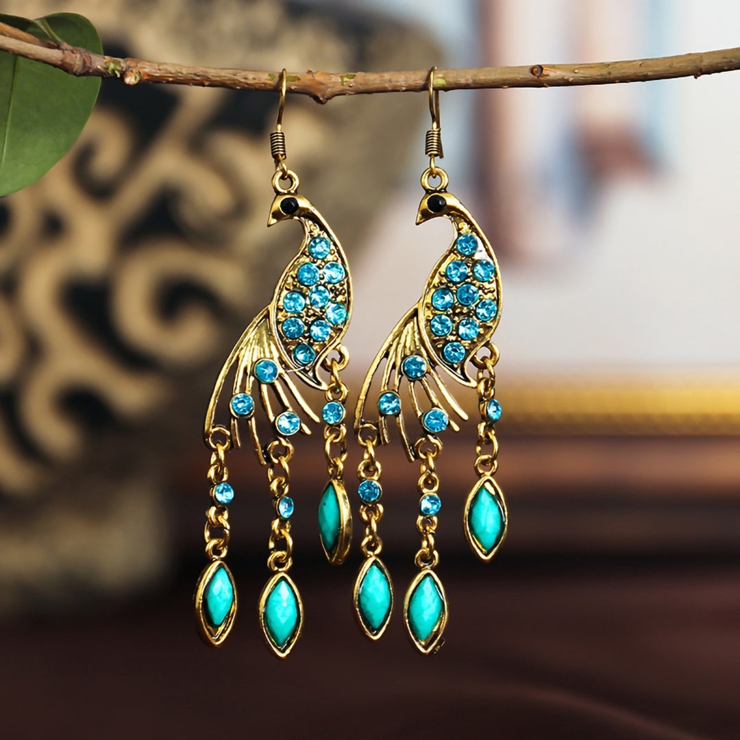 1 Pair Hook Earrings Peacock Shape Colored Rhinestones Jewelry Animal Element Long Dangle Earrings for Wedding Image 1