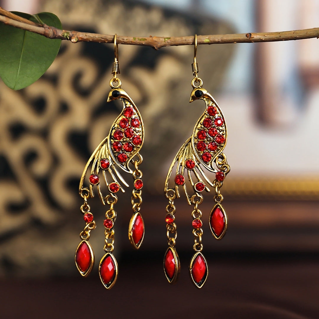 1 Pair Hook Earrings Peacock Shape Colored Rhinestones Jewelry Animal Element Long Dangle Earrings for Wedding Image 7