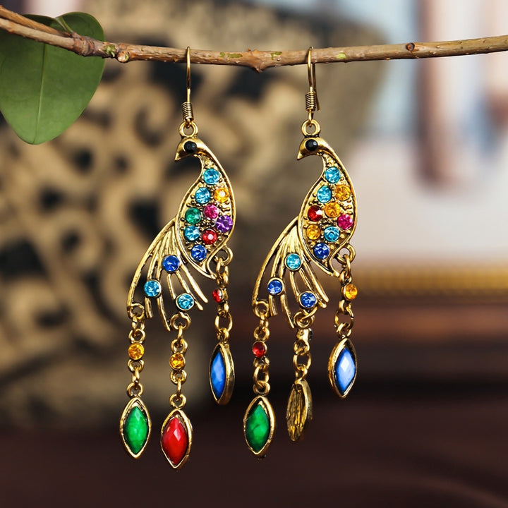 1 Pair Hook Earrings Peacock Shape Colored Rhinestones Jewelry Animal Element Long Dangle Earrings for Wedding Image 9