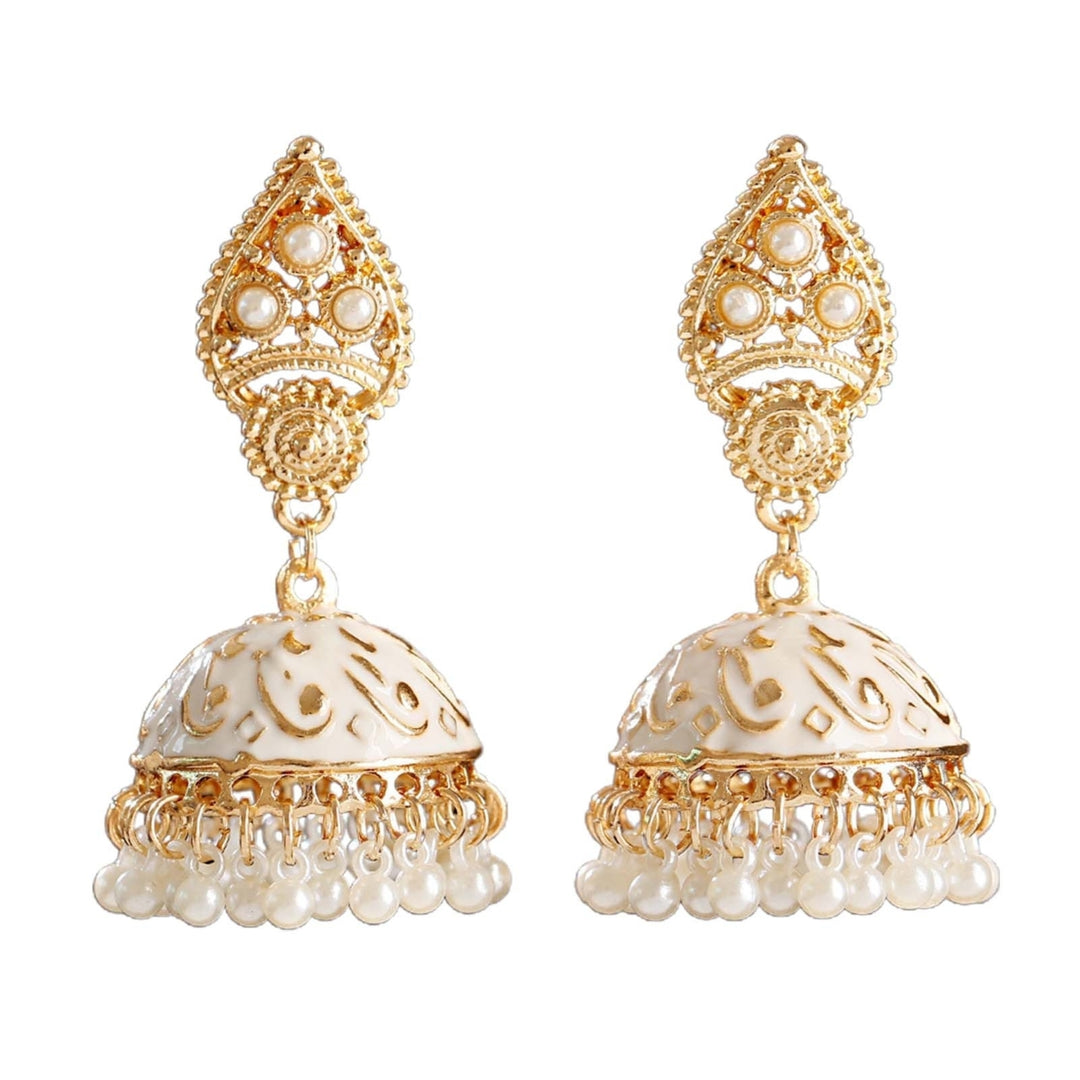 1 Pair Water Drop Hollow Women Earrings Alloy Carved Bell Faux Pearls Drop Earrings Party Jewelry Image 3