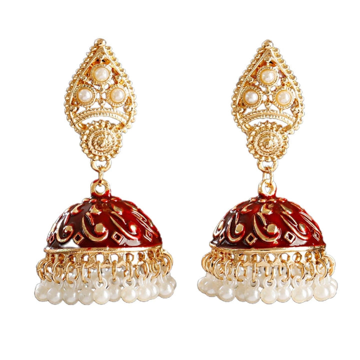 1 Pair Water Drop Hollow Women Earrings Alloy Carved Bell Faux Pearls Drop Earrings Party Jewelry Image 4