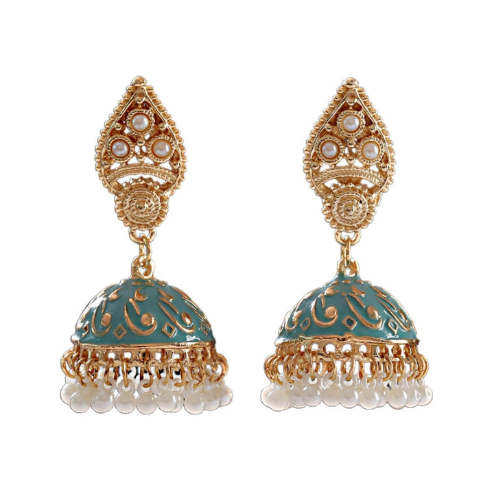 1 Pair Water Drop Hollow Women Earrings Alloy Carved Bell Faux Pearls Drop Earrings Party Jewelry Image 4