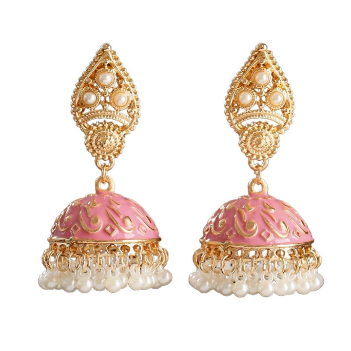 1 Pair Water Drop Hollow Women Earrings Alloy Carved Bell Faux Pearls Drop Earrings Party Jewelry Image 6