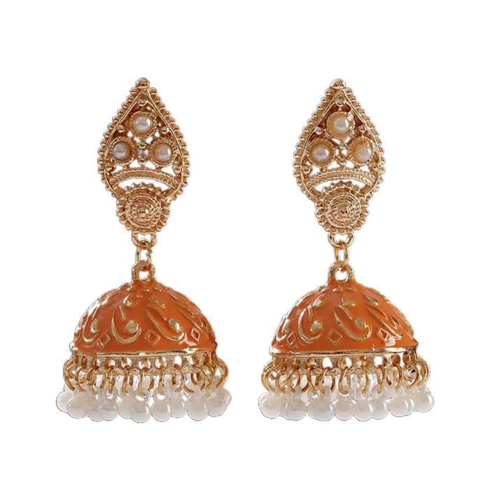 1 Pair Water Drop Hollow Women Earrings Alloy Carved Bell Faux Pearls Drop Earrings Party Jewelry Image 7