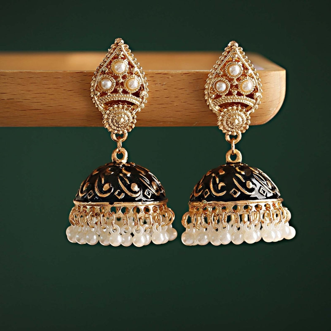 1 Pair Water Drop Hollow Women Earrings Alloy Carved Bell Faux Pearls Drop Earrings Party Jewelry Image 8