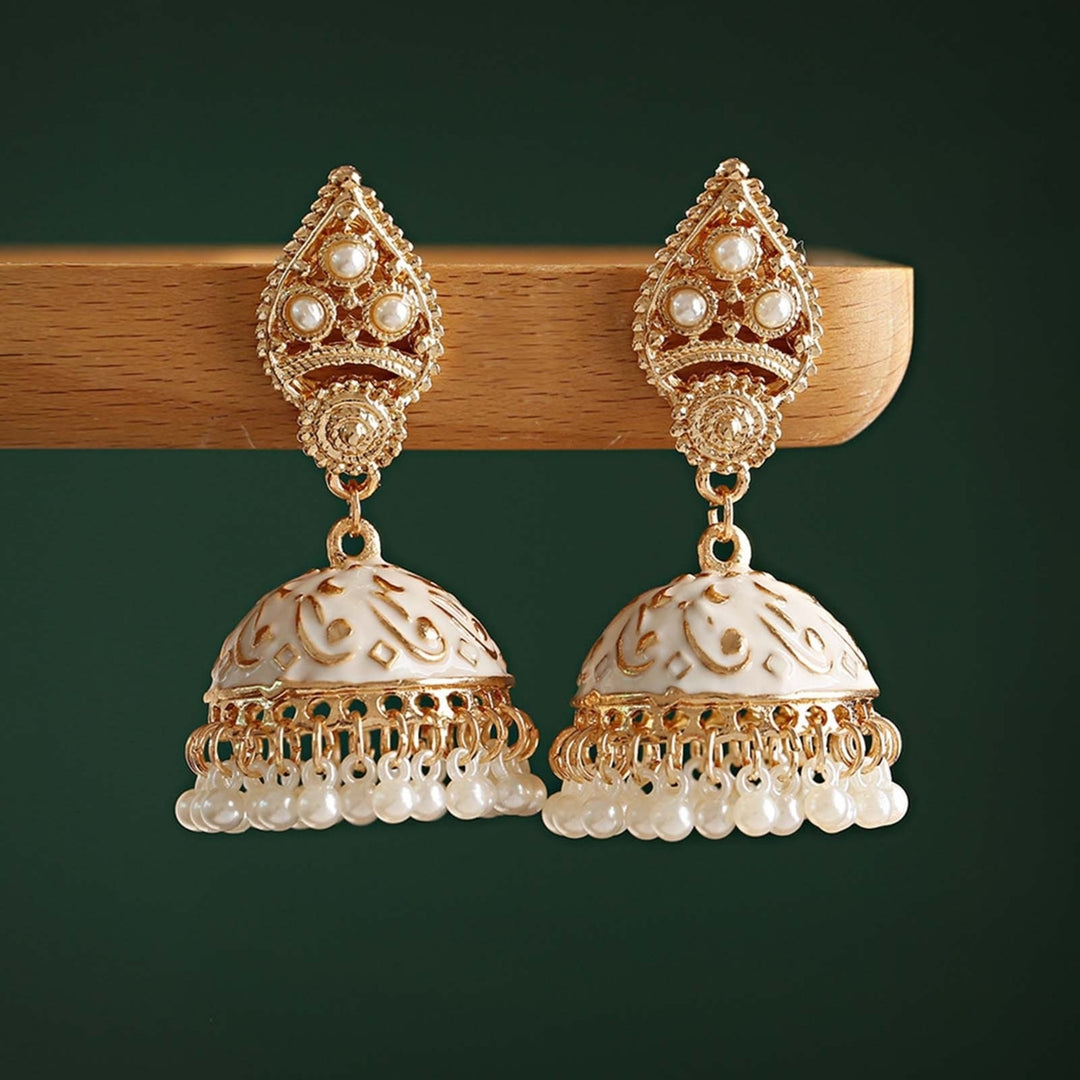 1 Pair Water Drop Hollow Women Earrings Alloy Carved Bell Faux Pearls Drop Earrings Party Jewelry Image 9