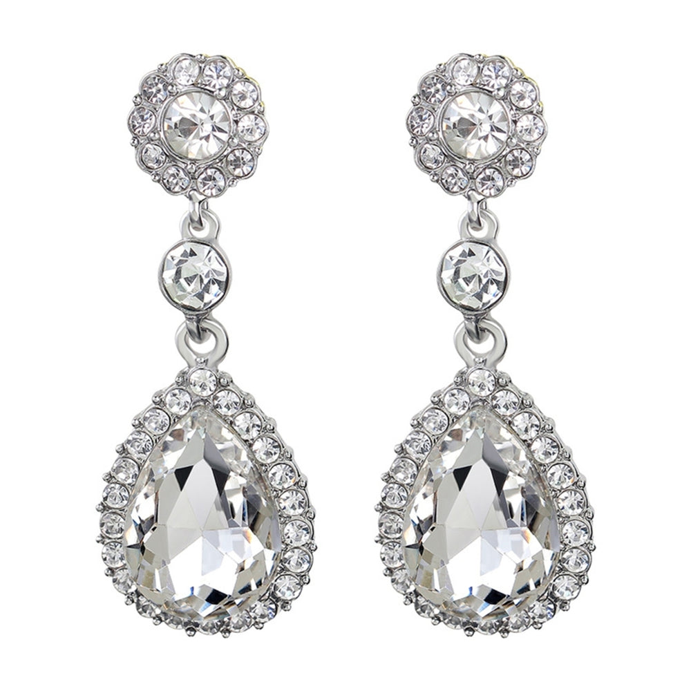 1 Pair Lady Earrings Rhinestone Inlaid Shiny Water Drop Shape Elegant Drop Earrings for Gift Image 2