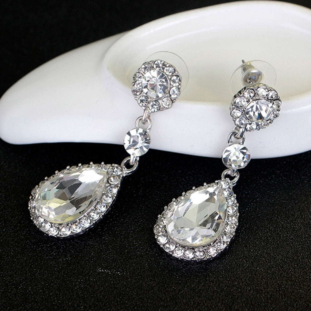 1 Pair Lady Earrings Rhinestone Inlaid Shiny Water Drop Shape Elegant Drop Earrings for Gift Image 7
