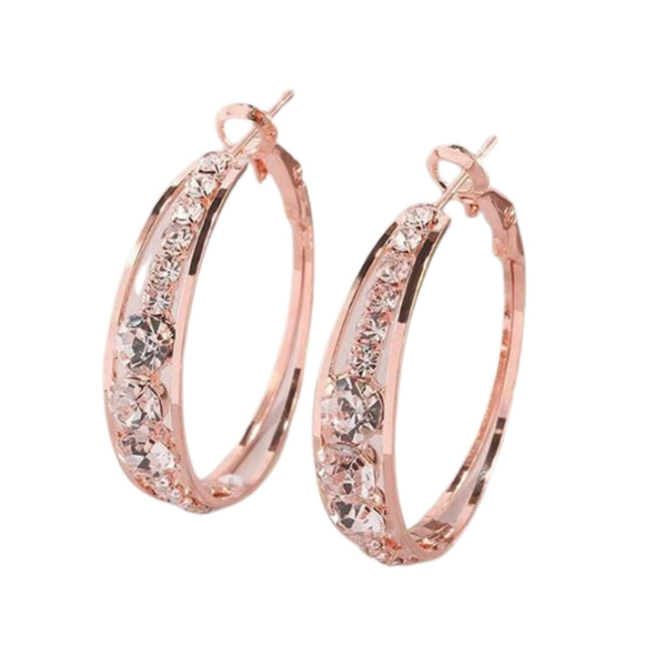 1 Pair Women Hoop Earrings Good Workmanship Piercing Rose Golden Inlaid Rhinestone Circle Ear Clips Jewelry Accessory Image 8