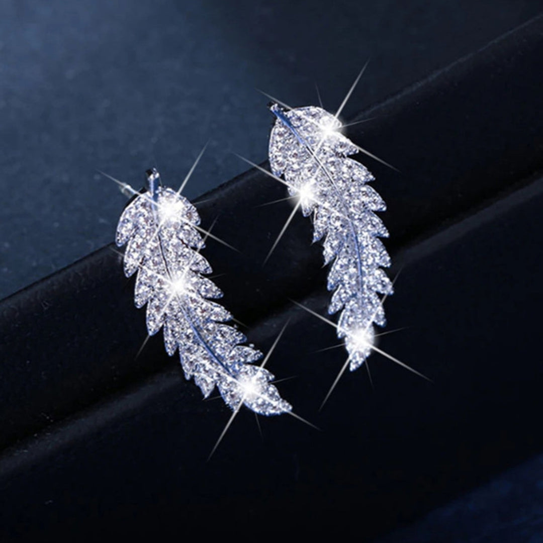 1 Pair Women Earrings Leaf Rhinestones Jewelry Electroplating Sparkling Stud Earrings for Wedding Image 1