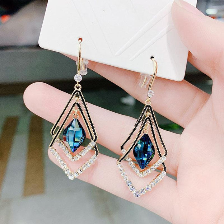 1 Pair Women Earrings Double Layer Rhombus Rhinestones Jewelry Sparkling Electroplated Hook Earrings for Banquet Image 2