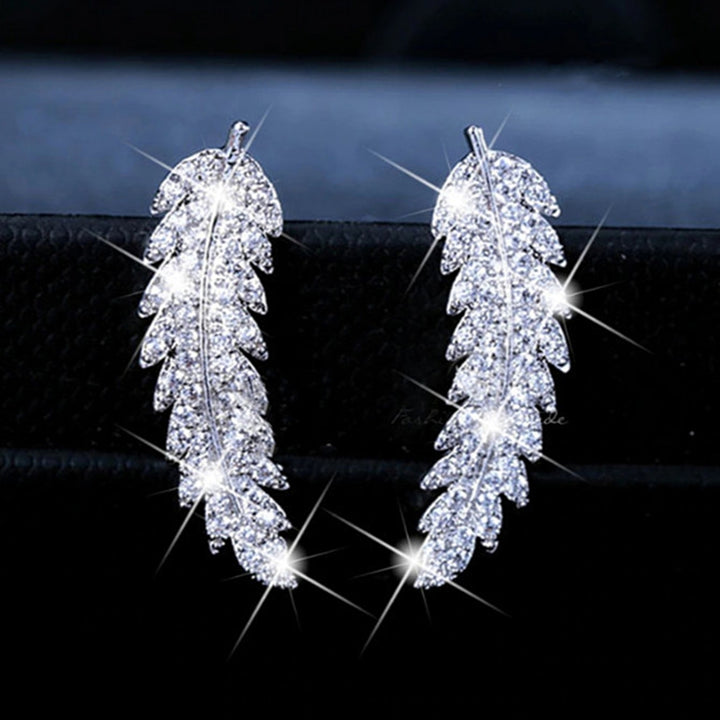 1 Pair Women Earrings Leaf Rhinestones Jewelry Electroplating Sparkling Stud Earrings for Wedding Image 2