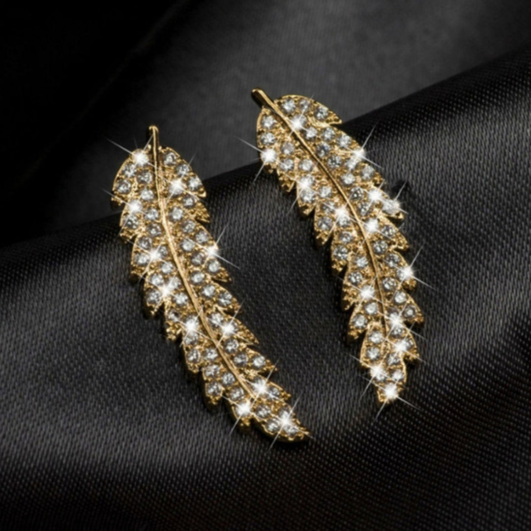 1 Pair Women Earrings Leaf Rhinestones Jewelry Electroplating Sparkling Stud Earrings for Wedding Image 3