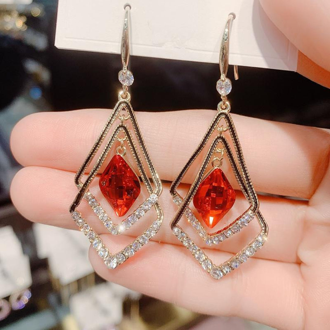 1 Pair Women Earrings Double Layer Rhombus Rhinestones Jewelry Sparkling Electroplated Hook Earrings for Banquet Image 3