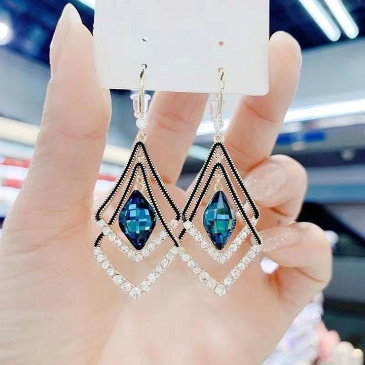 1 Pair Women Earrings Double Layer Rhombus Rhinestones Jewelry Sparkling Electroplated Hook Earrings for Banquet Image 4