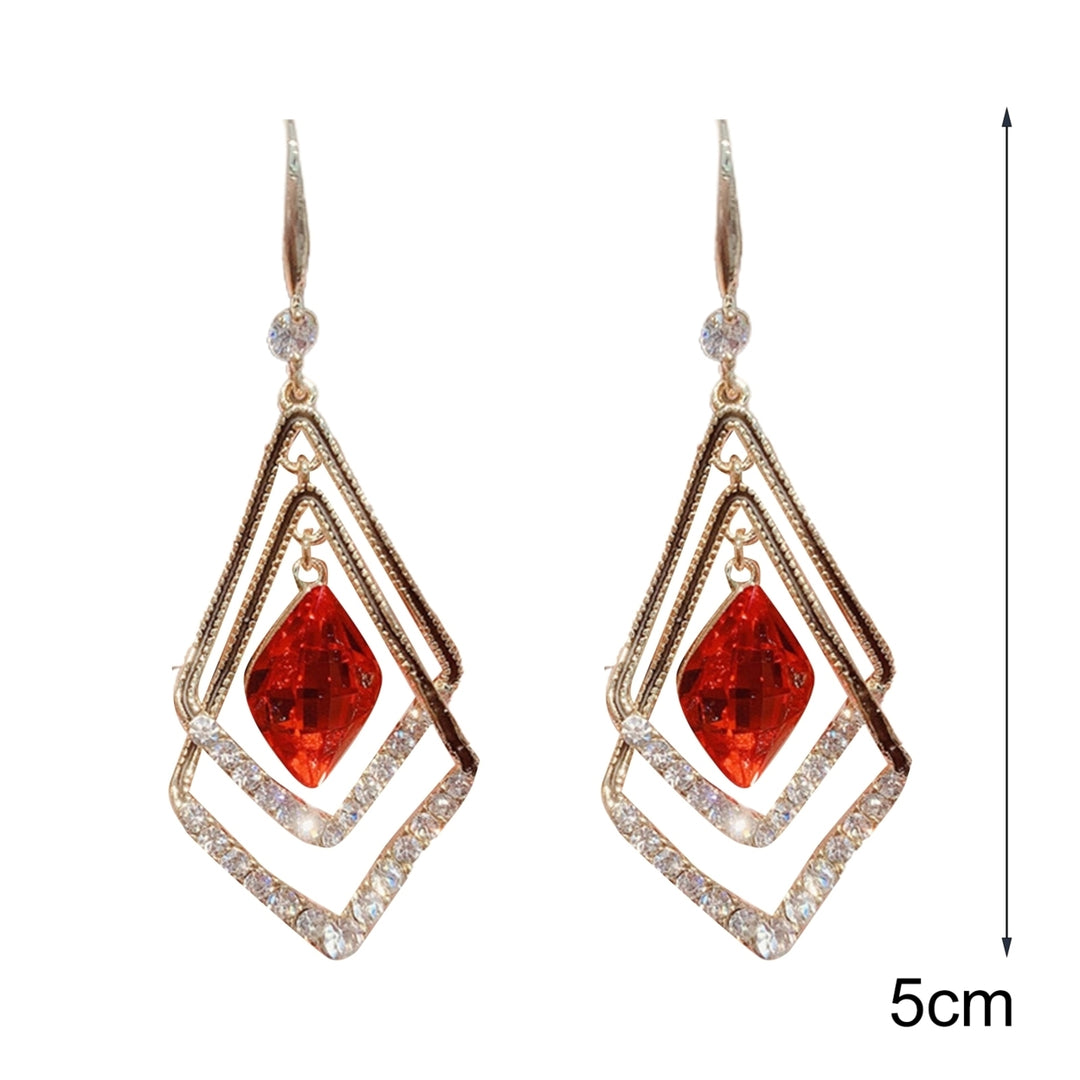 1 Pair Women Earrings Double Layer Rhombus Rhinestones Jewelry Sparkling Electroplated Hook Earrings for Banquet Image 4