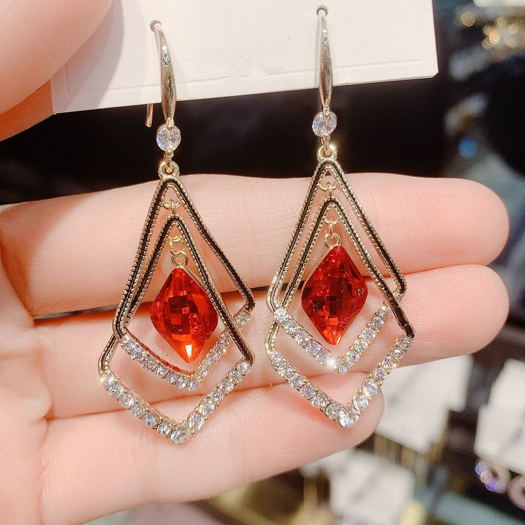 1 Pair Women Earrings Double Layer Rhombus Rhinestones Jewelry Sparkling Electroplated Hook Earrings for Banquet Image 6