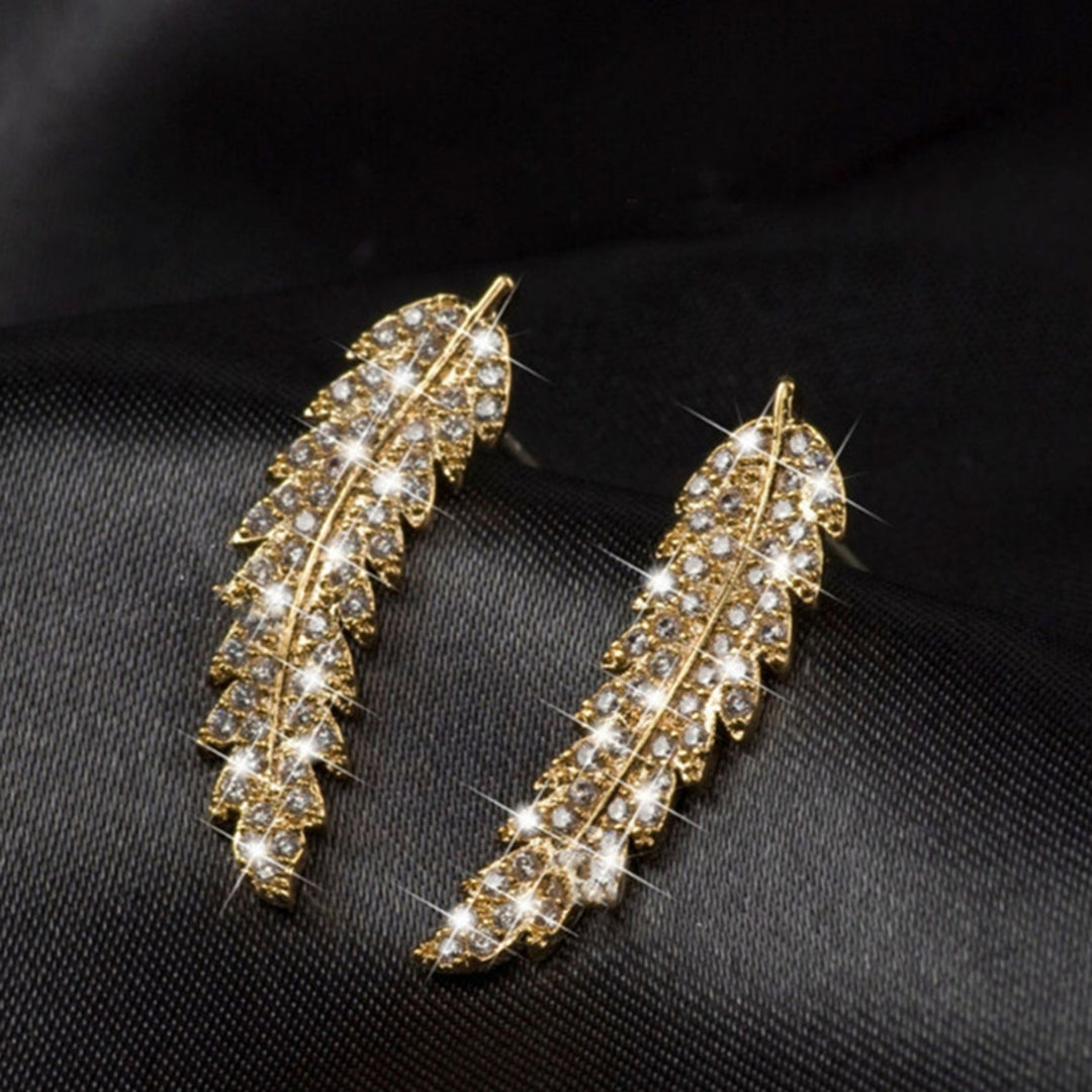 1 Pair Women Earrings Leaf Rhinestones Jewelry Electroplating Sparkling Stud Earrings for Wedding Image 6